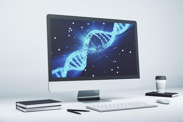 Esbozo de ADN creativo en biotecnología de monitor portátil moderno y concepto genético Representación 3D