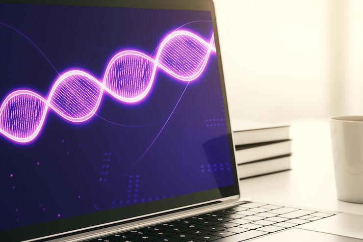 Foto esbozo de adn creativo en biotecnología de monitor portátil moderno y concepto genético representación 3d