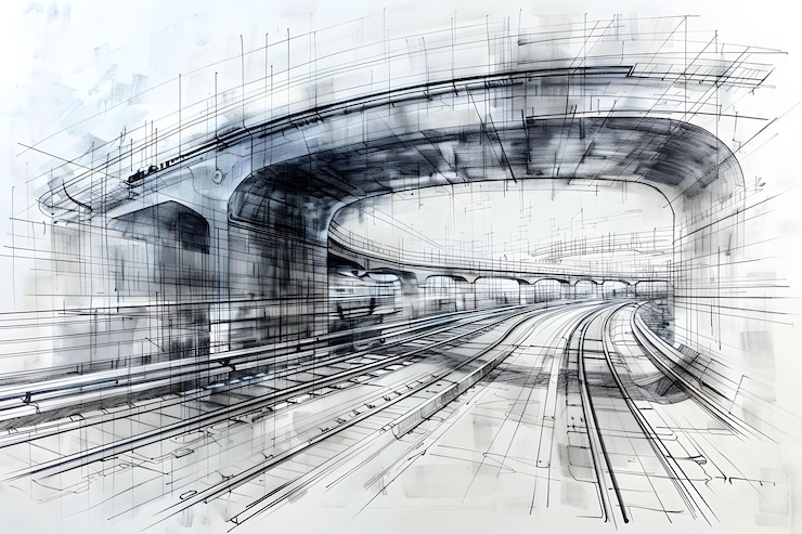 Esbozo arquitectónico dinámico de una vía de tren curva y un paso elevado
