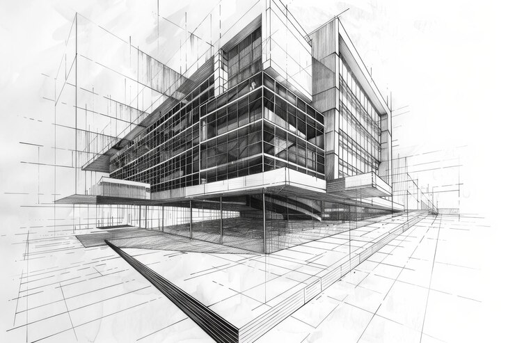Esbozo arquitectónico de un edificio moderno con líneas detalladas que muestran una vista en perspectiva de la estructura