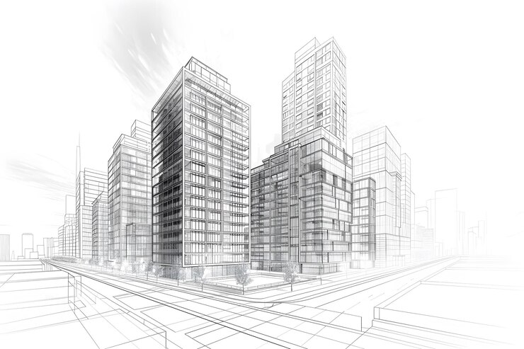 Esbozo arquitectónico de edificios urbanos modernos en un paisaje urbano