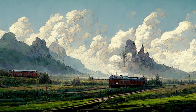 Esbozo de arte de la ilustración pacífica natural. Fabuloso paisaje acuarela de montañas, flores.