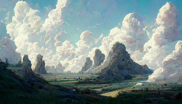 Esbozo de arte de la ilustración pacífica natural. Fabuloso paisaje acuarela de montañas, flores.