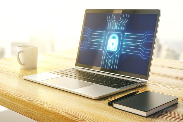 Esbozo de bloqueo creativo con holograma de chip en la protección del monitor de la computadora moderna del concepto de datos personales Representación 3D