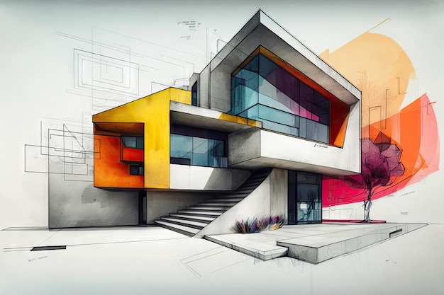Esbozo de casa moderna con formas geométricas abstractas y colores llamativos creados con ai generativo