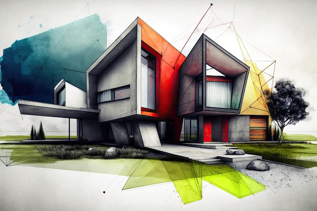 Esbozo de casa moderna con formas geométricas abstractas y colores llamativos