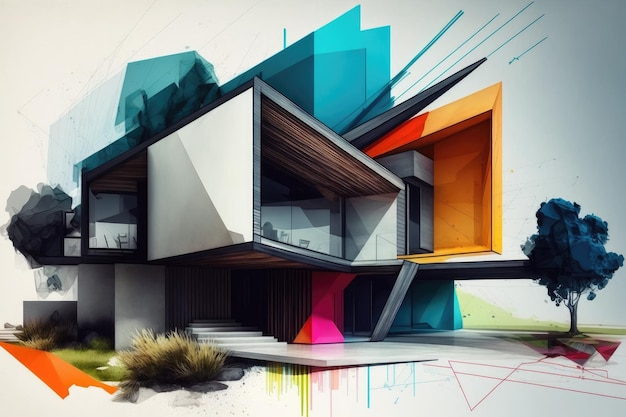 Foto esbozo de casa moderna con formas geométricas abstractas y colores llamativos