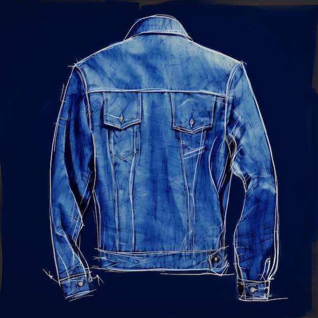 Esbozo de chaqueta de denim azul de hombres dibujado a mano con fondo índigo