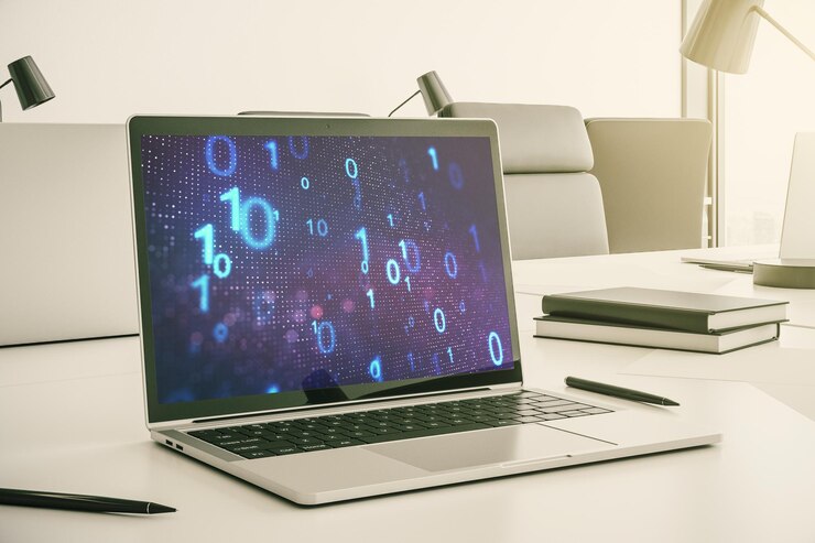 Foto esbozo de código binario abstracto creativo en la piratería de monitores portátiles modernos y el concepto de matriz representación 3d