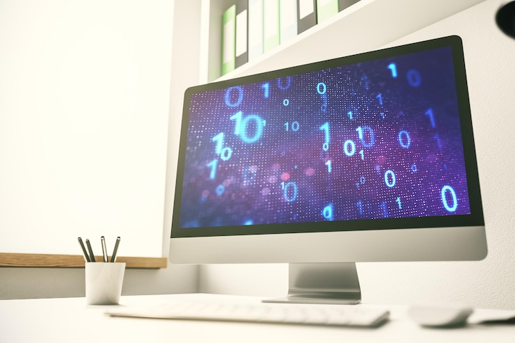 Foto esbozo de código binario abstracto creativo en la piratería de monitores portátiles modernos y el concepto de matriz representación 3d