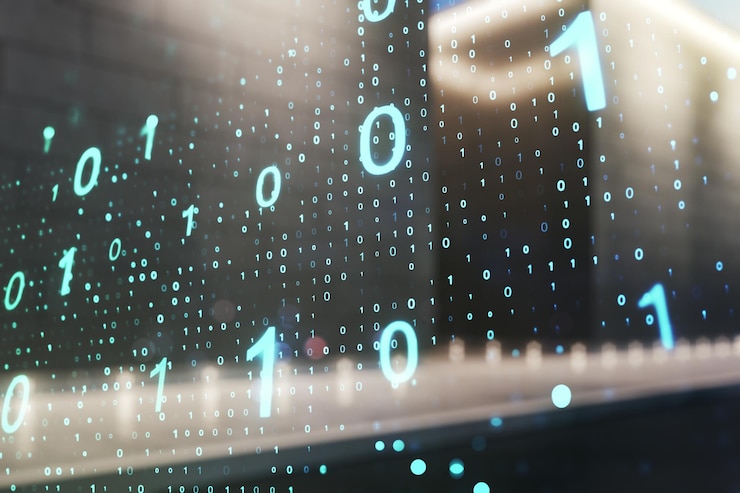 Foto esbozo de código binario virtual abstracto en el concepto de matriz y piratería de fondo exterior del centro de negocios contemporáneo multiexposición