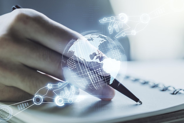 Esbozo creativo de tecnología robótica abstracta con globo y hombre escribiendo a mano en el bloc de notas sobre tecnología futura de fondo y concepto de IA Doble exposición