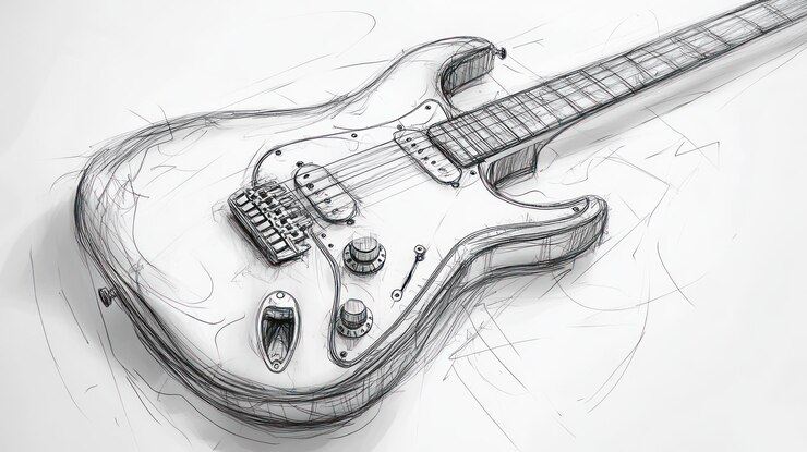 Esbozo detallado a lápiz de una guitarra eléctrica que muestra su cuerpo, cuello, fretboard y pastillas en una vista de tres cuartos con bocetos adicionales alrededor de la guitarra