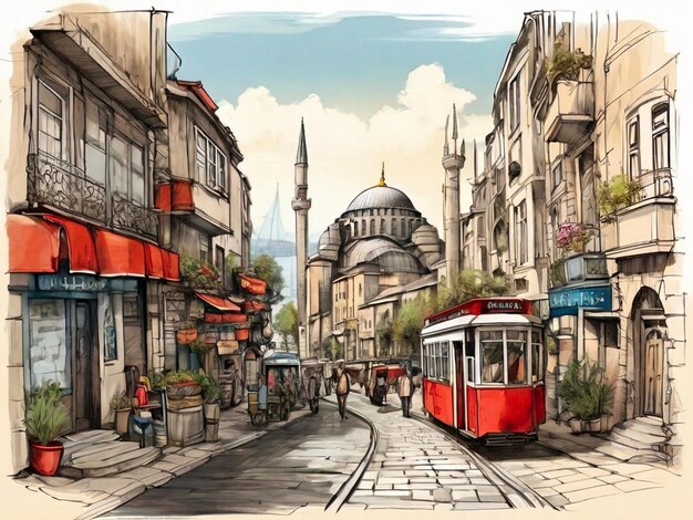 Esbozo dibujado a mano del dibujo del paisaje urbano de la calle de Estambul Ilustración