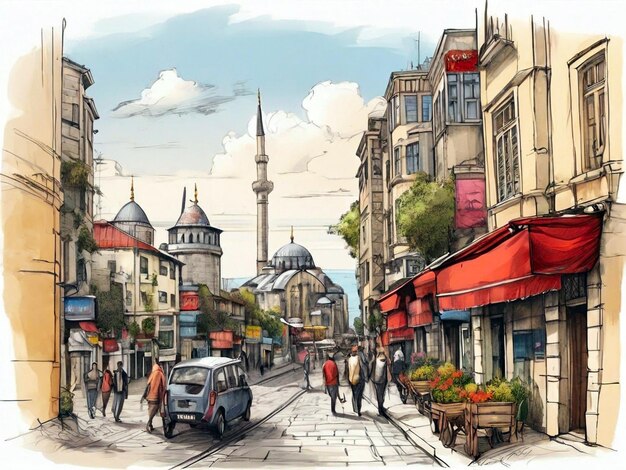 Esbozo dibujado a mano del dibujo del paisaje urbano de la calle de Estambul Ilustración