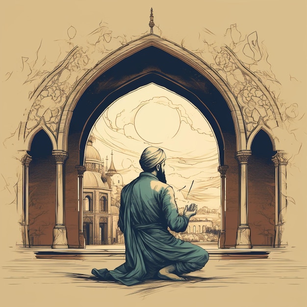 Esbozo dibujado a mano de un hombre musulmán orando con caligrafía de la ilustración de Eid Mubarak