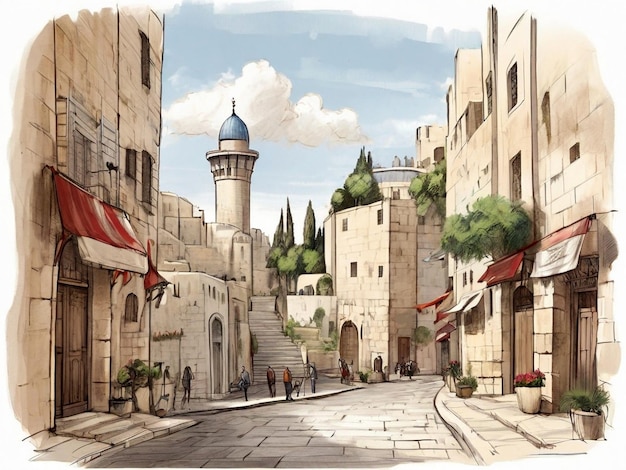 Esbozo dibujado a mano del paisaje urbano de las calles de Jerusalén Ilustración