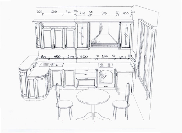 Foto esbozo de dibujo de muebles para la cocina con dimensiones
