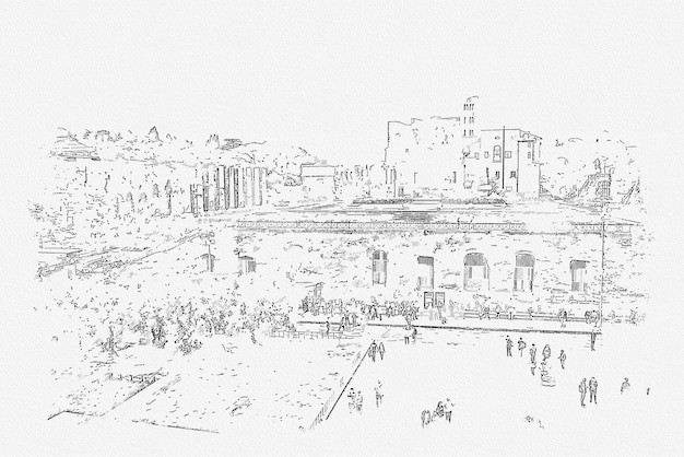 Esbozo de una hermosa vista de las antiguas ciudades romanas en Roma, Italia