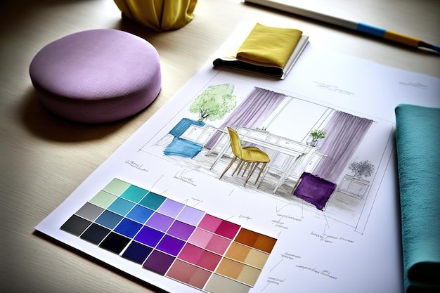 Esbozo de un interior con una paleta de colores de materiales sobre una mesa blanca