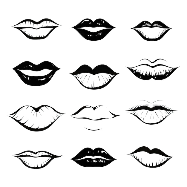 Esbozo de labios sonrientes en blanco y negro Diversión Colección de lábios sonrientes Alegría y felicidad Dibujo de doodle