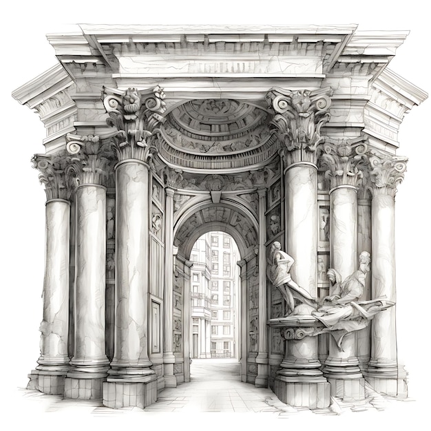 Foto esbozo lápiz esbozo columna portal romano en fondo blanco puerta griega dibujada a mano