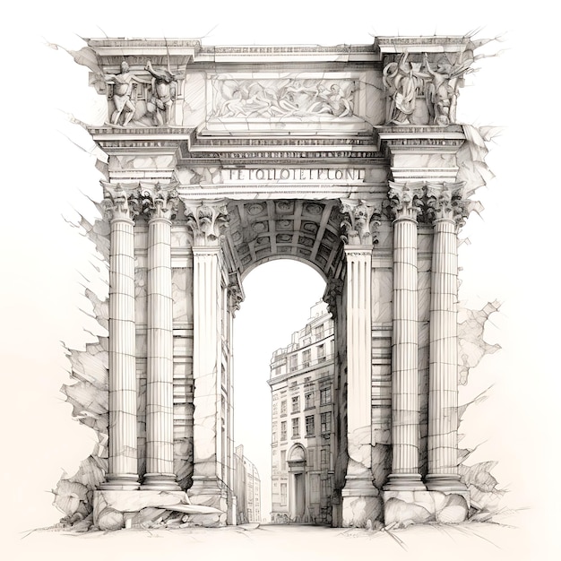 Esbozo Lápiz Esbozo Columna Portal Romano en fondo blanco Puerta griega dibujada a mano
