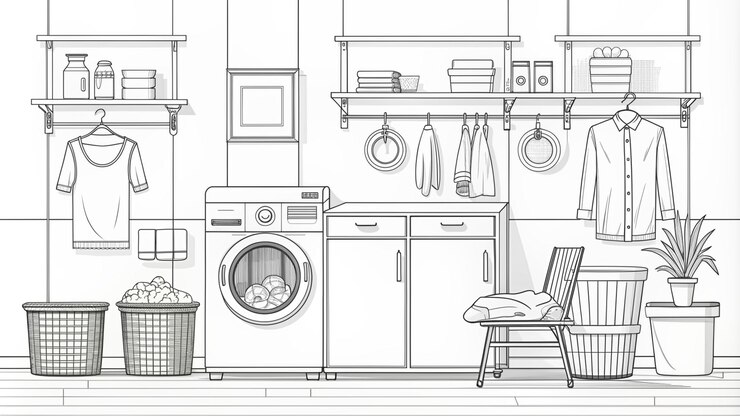 Foto esbozo lineal vectorial de la lavandería contorno interior de la sala de lavandería ilustración de la habitación de lavar con cesta de detergente para lavadora y ropa colgada en colgadores esbozo interior en estilo de contorno