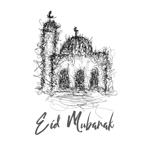 Esbozo de una mezquita con la palabra Eid Mubarak para celebración