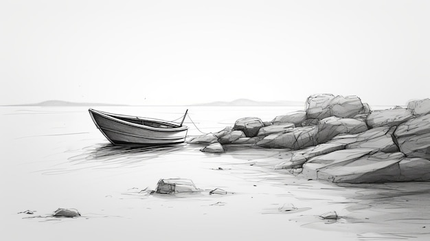 Esbozo minimalista de un barco en las rocas de la playa Pintura digital