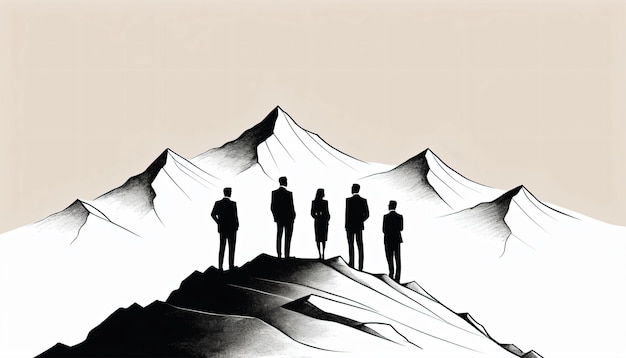 Esbozo minimalista de hombres de negocios en la cima de una montaña