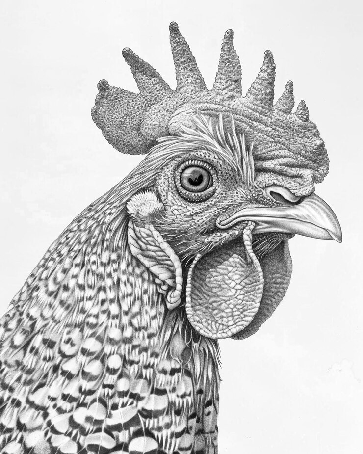 Esbozo monocromático detallado de un pollo con elegantes plumas sobre un fondo blanco limpio