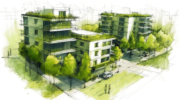 Esbozo de proyecto de arquitectura de edificios ecológicos con árboles verdes en la calle