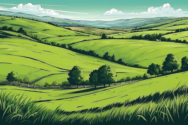 Foto esbozo vectorial campo de hierba verde en pequeñas colinas prado alcalino césped pommel lea pastos granja paisaje rural panorama de pastos rurales