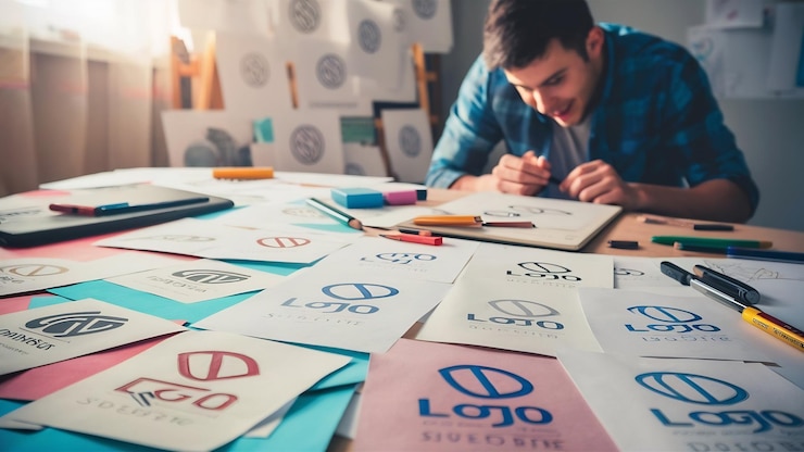 Foto esbozos y dibujos del logotipo impresos en papel
