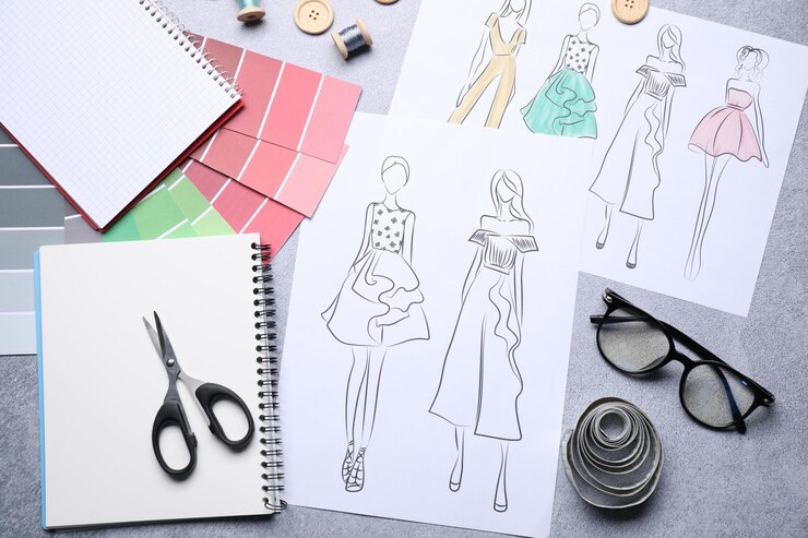 Foto esbozos de ropa elegante y otros suministros de diseñadores de moda en una mesa plana gris