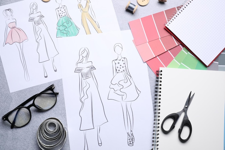 Foto esbozos de ropa elegante y otros suministros de diseñadores de moda en una mesa plana gris