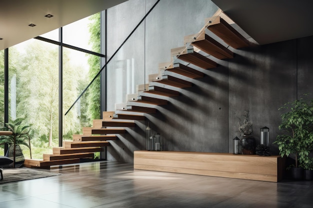 Escada cantilever de madeira moderna e elegante em forma de L com escada de base de granito preto gerada por IA