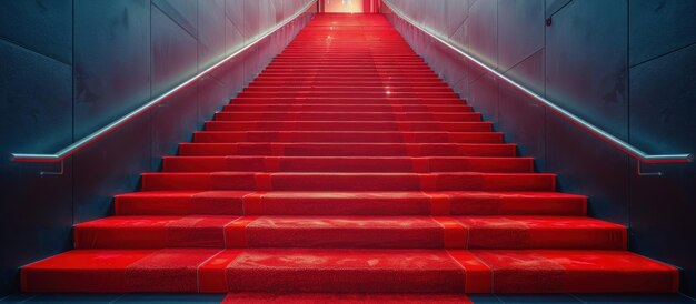 Foto escada com tapete vermelho que leva à luz vermelha