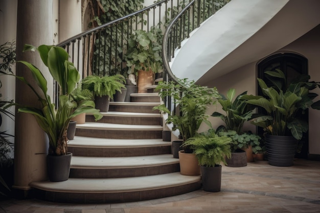 Escada curva com vasos de plantas e vegetação em cada degrau criado com IA generativa