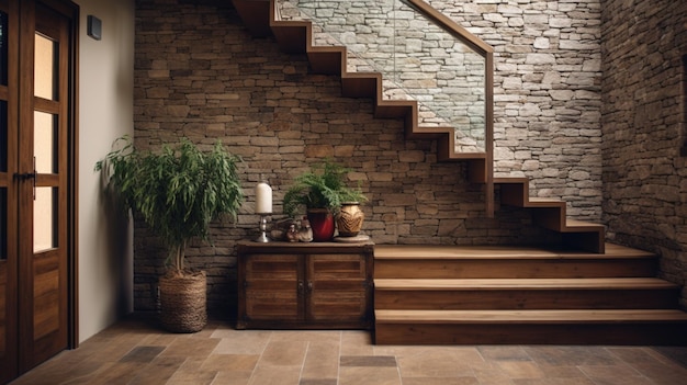 Escada de madeira e parede de revestimento de pedra em corredor rústico Design de interiores de casa aconchegante