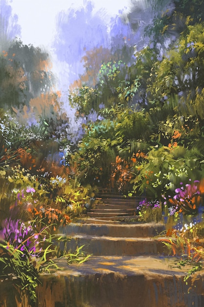 escada de pedra em madeira com flores coloridas, pintura ilustrativa