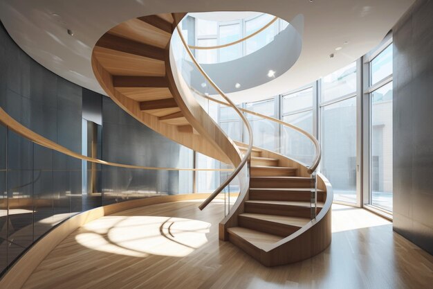 Escada em espiral em um edifício contemporâneo com luz natural criada com ai generativo