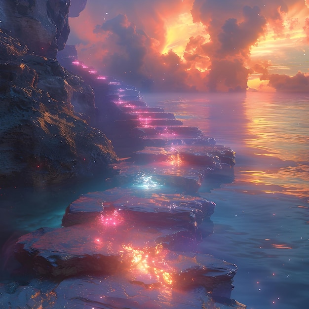 Escada flamejante para o oceano com luzes coloridas