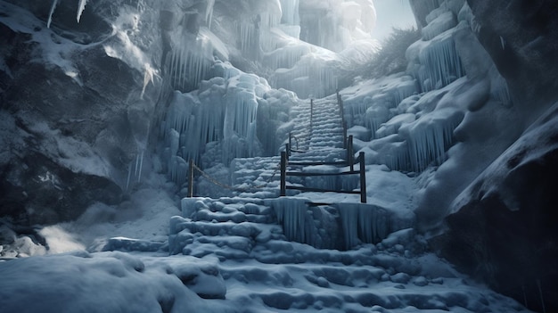 Escada para a cachoeira congelada no inverno generativo ai