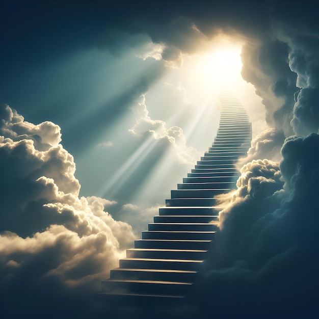 Escada para o céu com nuvens e luz solar brilhante