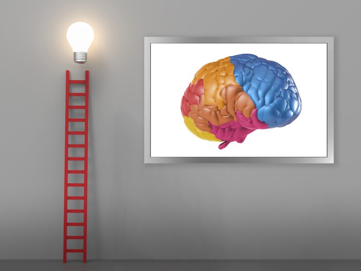 Foto escada para o conceito de sucesso com cérebro colorido e escada