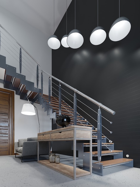 Escada para o segundo andar em um apartamento moderno com grades de metal e degraus de madeira com grandes lâmpadas pendentes, design em preto e branco. renderização 3d.