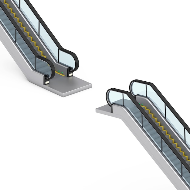Escada rolante moderna ou escadas elétricas em um fundo branco. Renderização 3D
