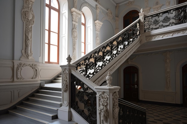 Escadaria barroca que leva ao andar superior com balaústres e corrimão ornamentados